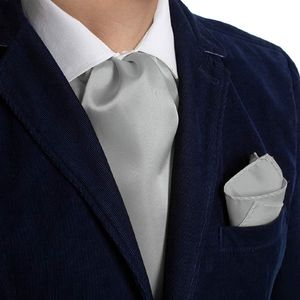 Mens Solid Color Ascot & Pocket Square Set Silver